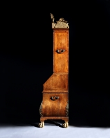 A George I Period Burr Walnut Giltwood and Brass Mounted Bombe Bureau Cabinet