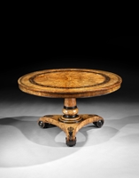 A REGENCY POLLARD OAK, YEW AND EBONY CENTRE TABLE ATTRIBUTED TO GEORGE BULLOCK