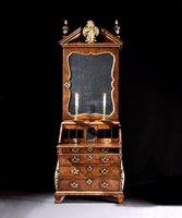 A George II Burr Walnut Parcel-Gilt and Gilt Bronze Mounted Bureau Bookcase In the manner of Giles Grendey
