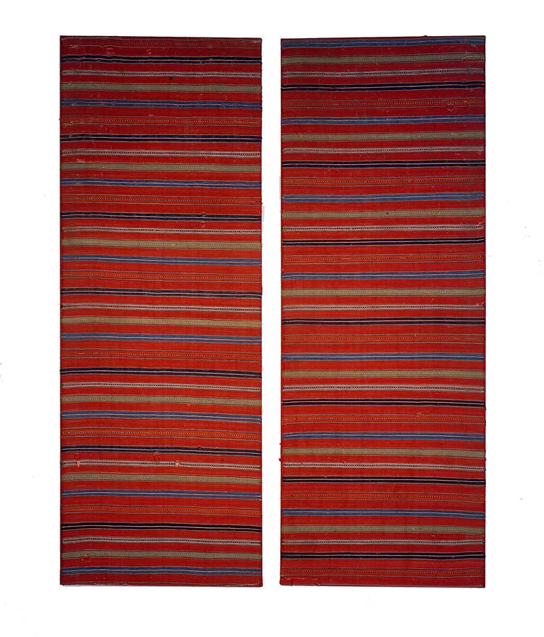 A rare pair of striped mounted textiles,very finely worked and of very good colour