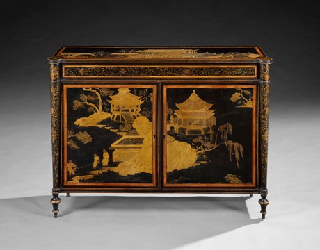 A GEORGE III PERIOD SATINWOOD AND EBONY SIDE CABINET  WITH INSET PANELS OF CHINESE LACQUER 