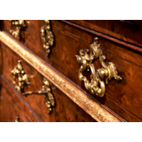 A George II Burr Walnut Parcel-Gilt and Gilt Bronze Mounted Bureau Bookcase In the manner of Giles Grendey
