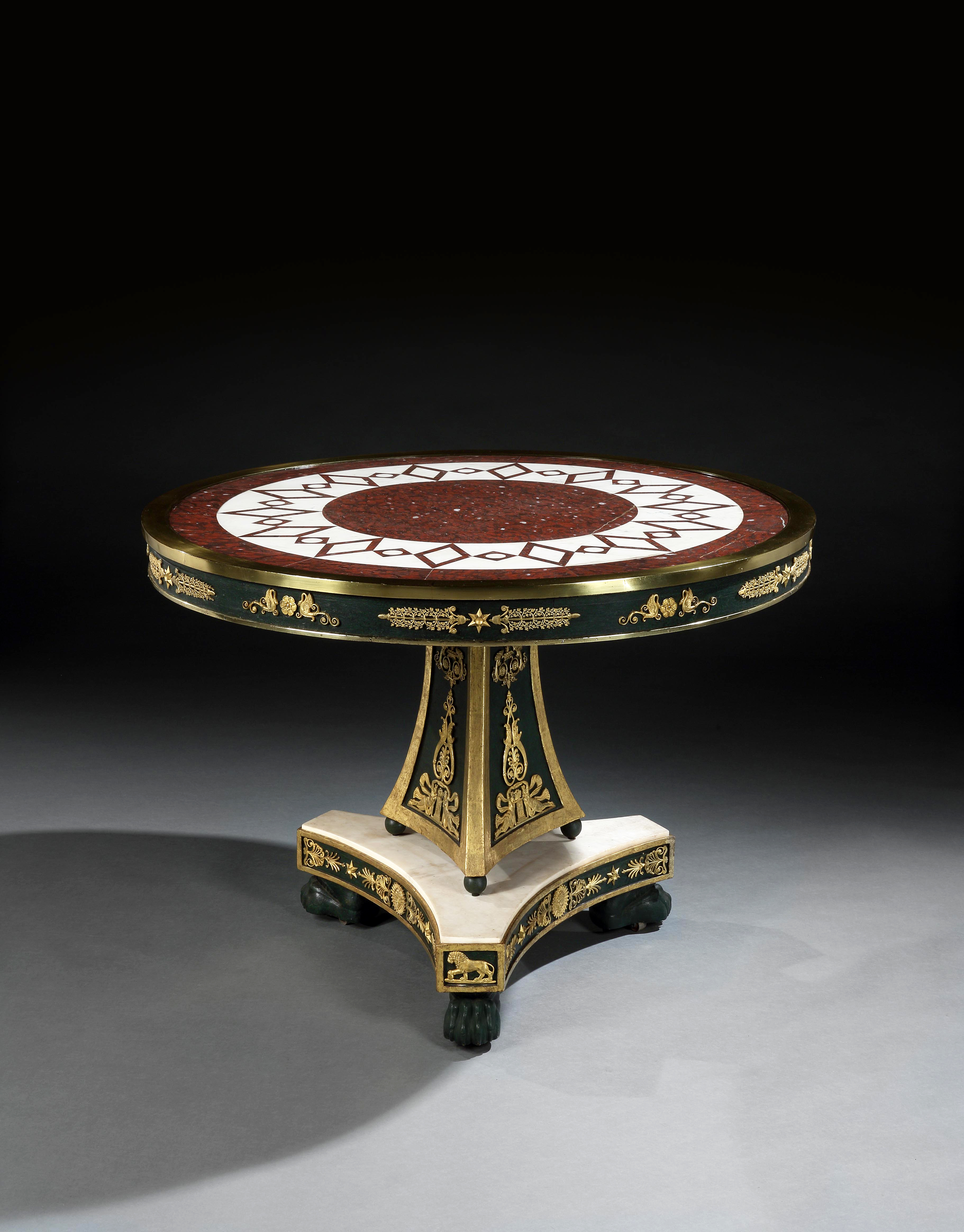A NINETEENTH CENTURY INLAID MARBLE, BRONZED AND ORMOLU MOUNTED CENTRE TABLE