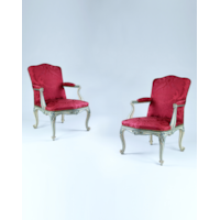 A PAIR OF GEORGE III BLUE AND WHITE PAINTED ARMCHAIRS  From Easton Neston House Attributed to John Cobb