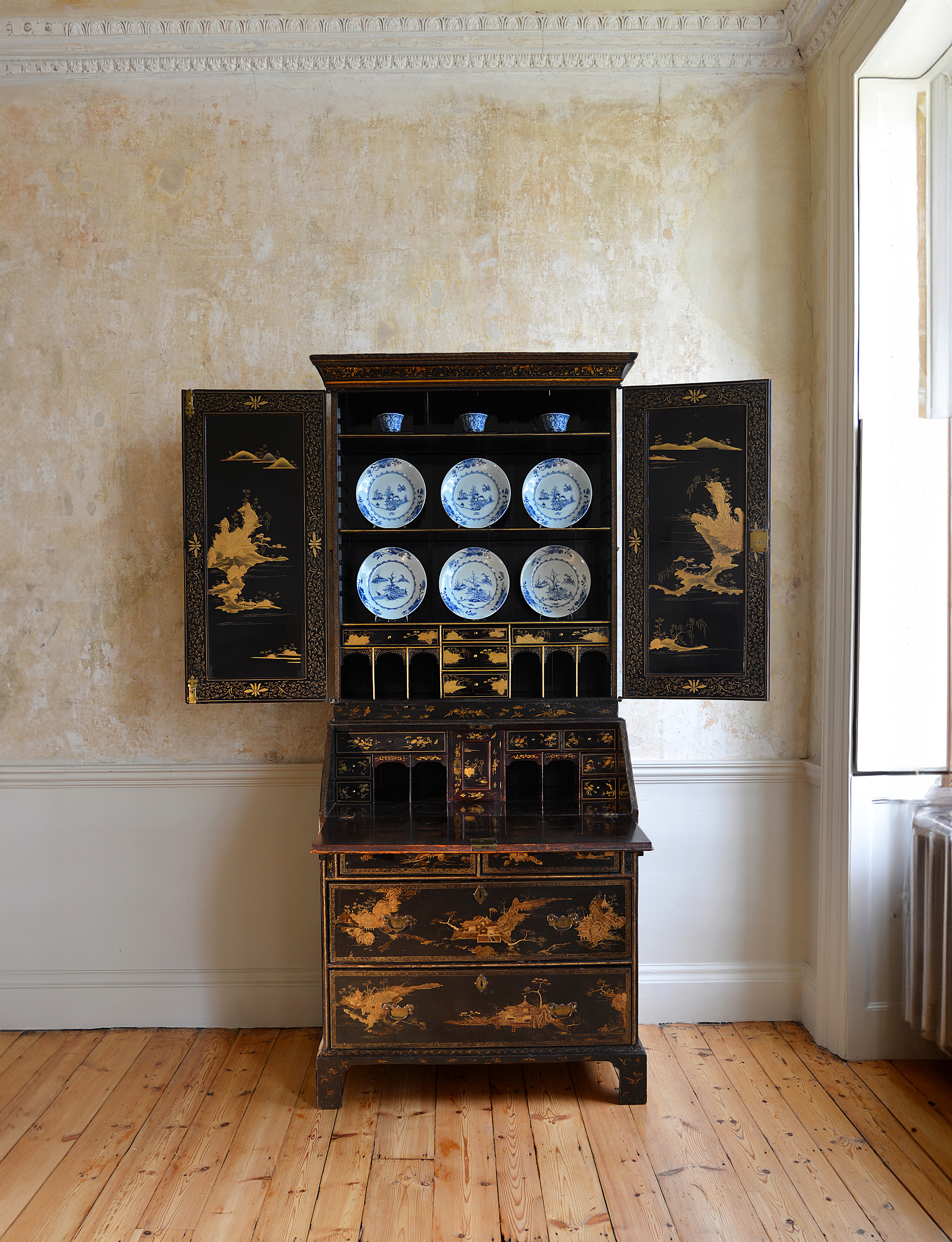 A RARE GEORGE II PERIOD LACQUER BUREAU CABINET