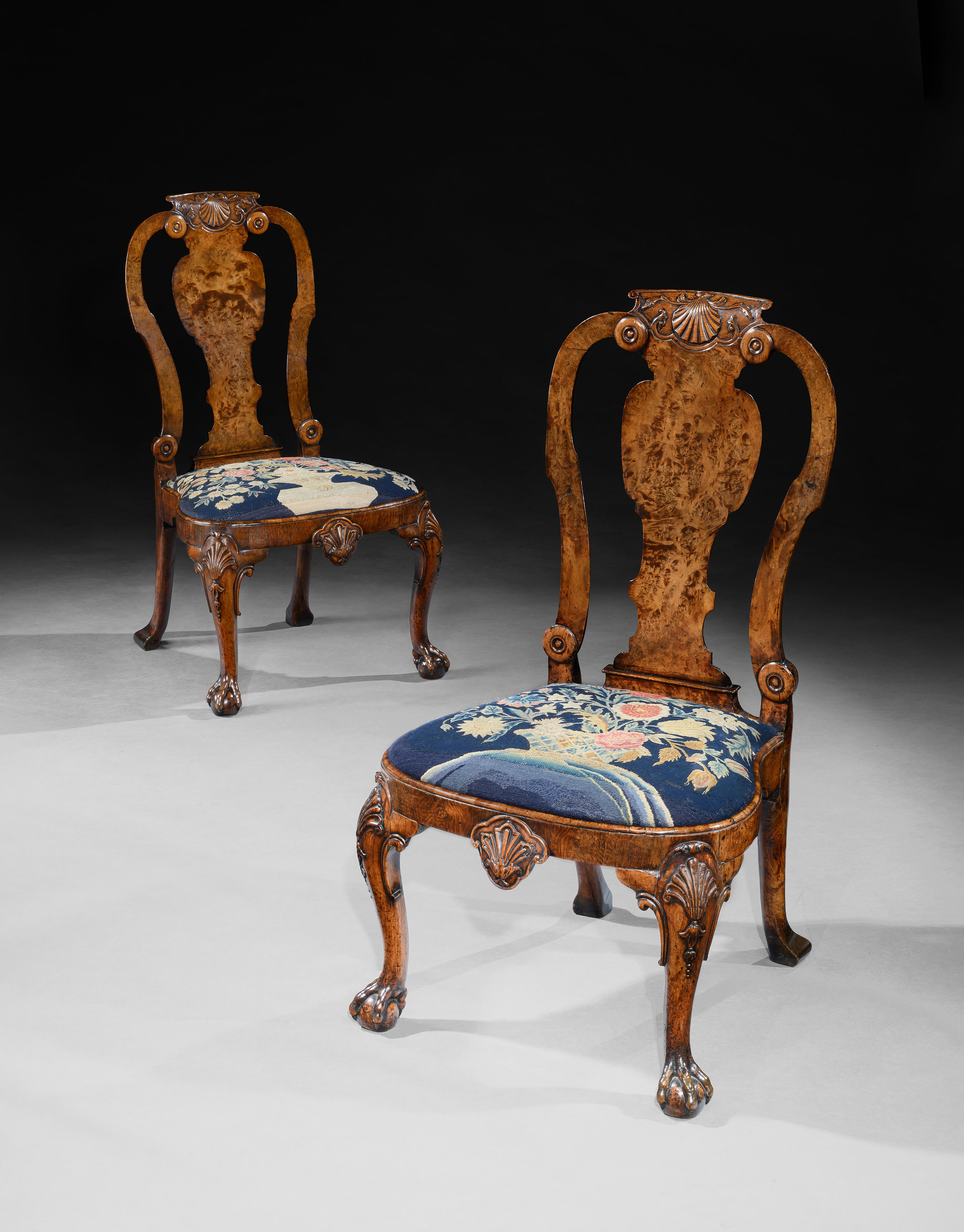A PAIR OF GEORGE II BURR WALNUT SIDE CHAIRS Attributed to Giles Grendey