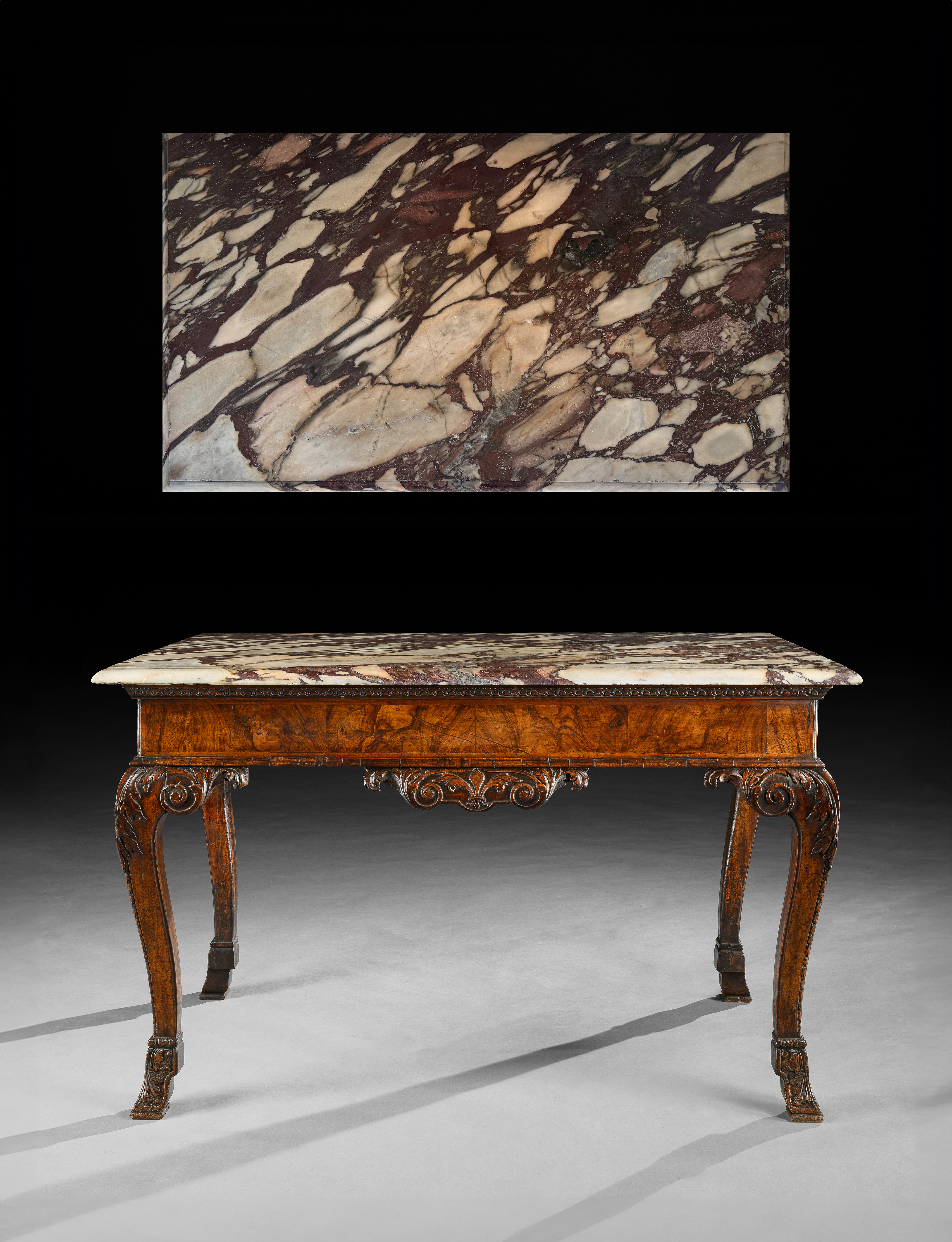 A George II Period Carved Walnut Side Table  with Breccia Marble Top