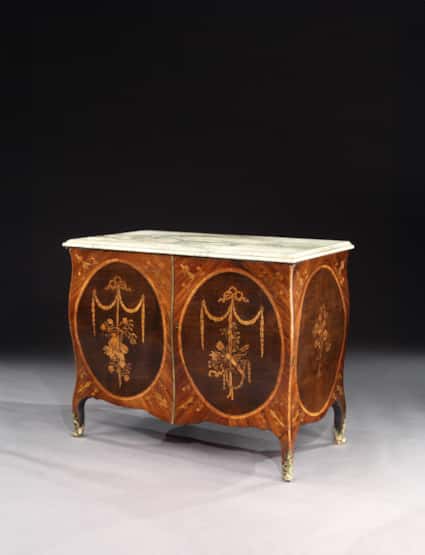 A Pair of George III Marquetry Bombe Commodes Attributed to Mayhew and Ince