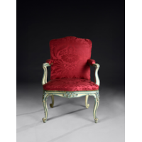 A PAIR OF GEORGE III BLUE AND WHITE PAINTED ARMCHAIRS  From Easton Neston House Attributed to John Cobb