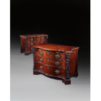 A PAIR OF GEORGE II PERIOD SERPENTINE FRONTED MAHOGANY COMMODES ATTRIBUTED TO THE WORKSHOP OF WILLIAM VILE OR WILLIAM HALLETT THE CARVING POSSIBLY BY JOHN BOSON